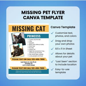 Lost Pet Flyer Template, Printable Lost Cat & Dog Flyer, Missing Animal Flyer Design - CANVA TEMPLATE