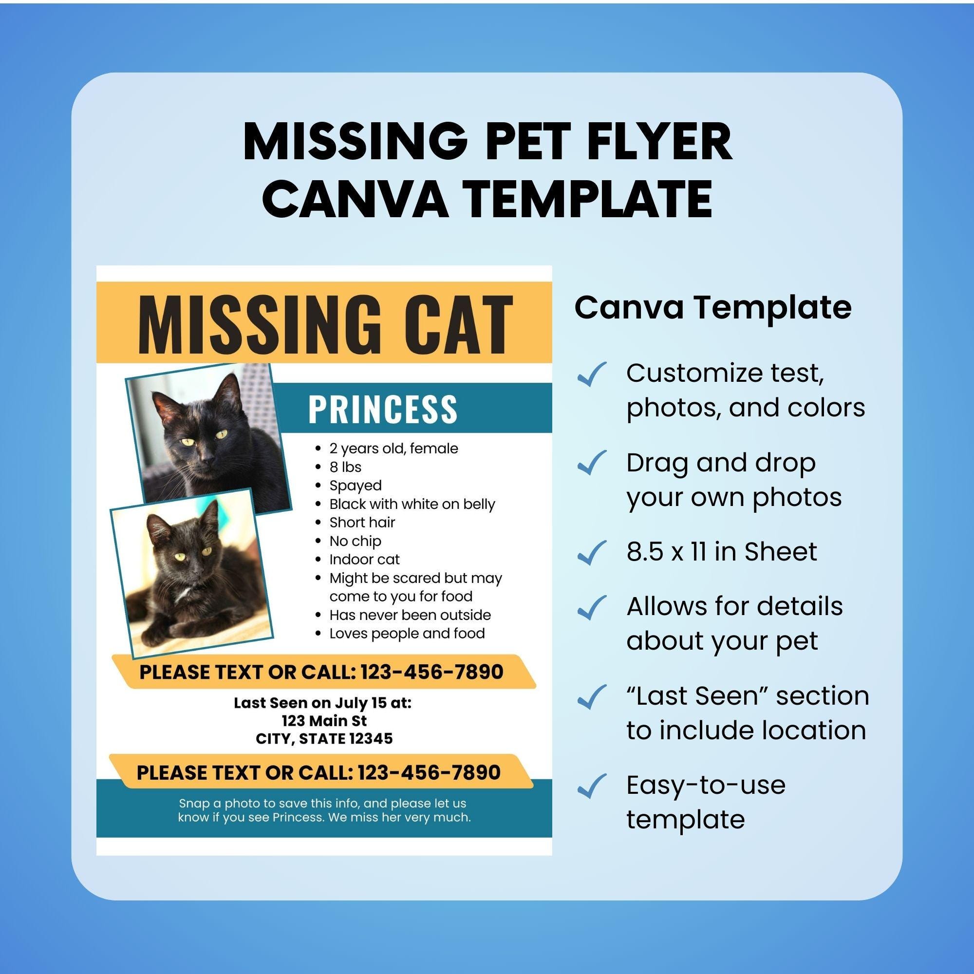 Lost Pet Flyer Template, Missing Cat & Dog Printable (CANVA TEMPLATE