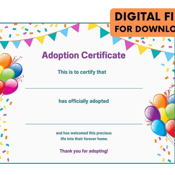 Pet Adoption Certificate for Cat, Kitten, Dog, Puppy, Desk Pet, or Stuffed Animal Adoption, 11 x 8.5 in - PDF, SVG, PDF