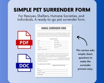 Formulaire/contrat de remise d'un animal de compagnie, d'un chien ou d'un chat pour les refuges, les sauvetages et les particuliers