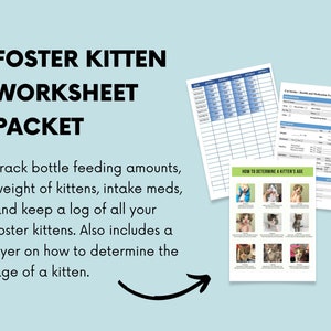 Foster Kitten Log/Worksheet Packet, Foster Kitten Kit - XLSX, DOCX, PDF, track bottle feeding, weight, intake, and all the foster kittens
