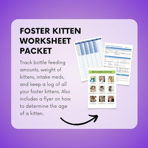 Foster Kitten Log/Worksheet Packet, Foster Kitten Kit - XLSX, DOCX, PDF, track bottle feeding, weight, intake, and all the foster kittens