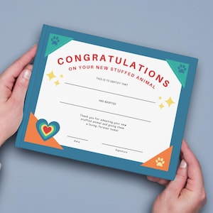 Stuffed Animal Adoption Certificate for Kids, CANVA template, also PDF & JPG ready to print, form fields in pdf to fill out and print
