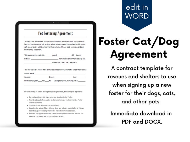Pet Fostering Contract/template for Shelters and Rescues, Dog/cat Pet Fostering Contract/template for Shelters and Rescues, Dog/cat