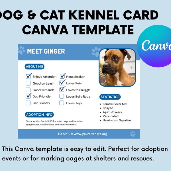 Dog and Cat Cage/Kennel Card Template for Adoption Events and Shelters - CANVA Template