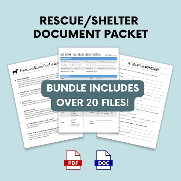 Pet Rescue/Shelter Support Paperwork Bundle: Adoption application, contract, certificate, intake forms & more (PDF, DOCX)