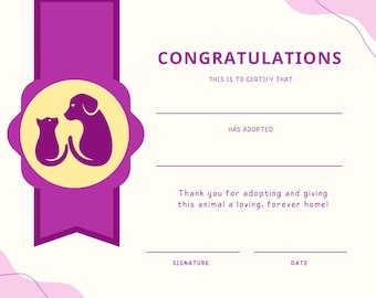 Pet Adoption Certificate, Cat, Dog, Kitten, Puppy Adoption Certificate, PDF, JPG, For rescues, shelters, humane societies, individuals