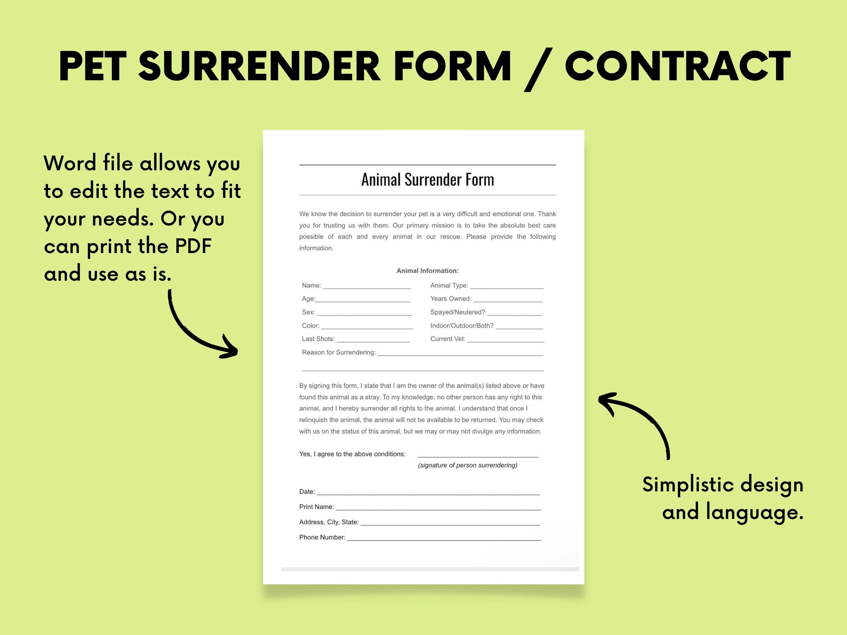 Pet Dog Cat Surrender Form/contract for Shelters Rescues - Etsy
