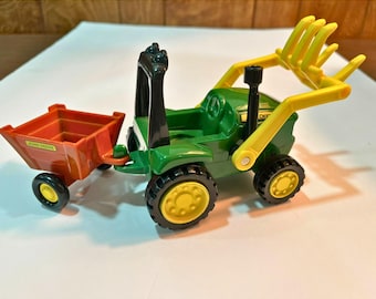 Vintage John Deere Toy Tractor with Front Loader and Trailer, Green & Yellow Farm Toy, ERTL John Deere Plastic Tractor