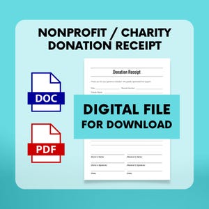 Nonprofit Charity Donation Gift Receipt, PDF, DOCX Word doc, 501(c)(3) Donation Receipt, Digital Download Template for Charitable Donors