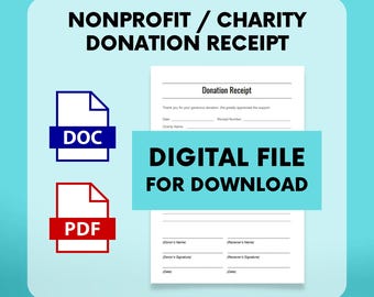 Nonprofit Charity Donation Gift Receipt, PDF, DOCX Word doc, 501(c)(3) Donation Receipt, Digital Download Template for Charitable Donors