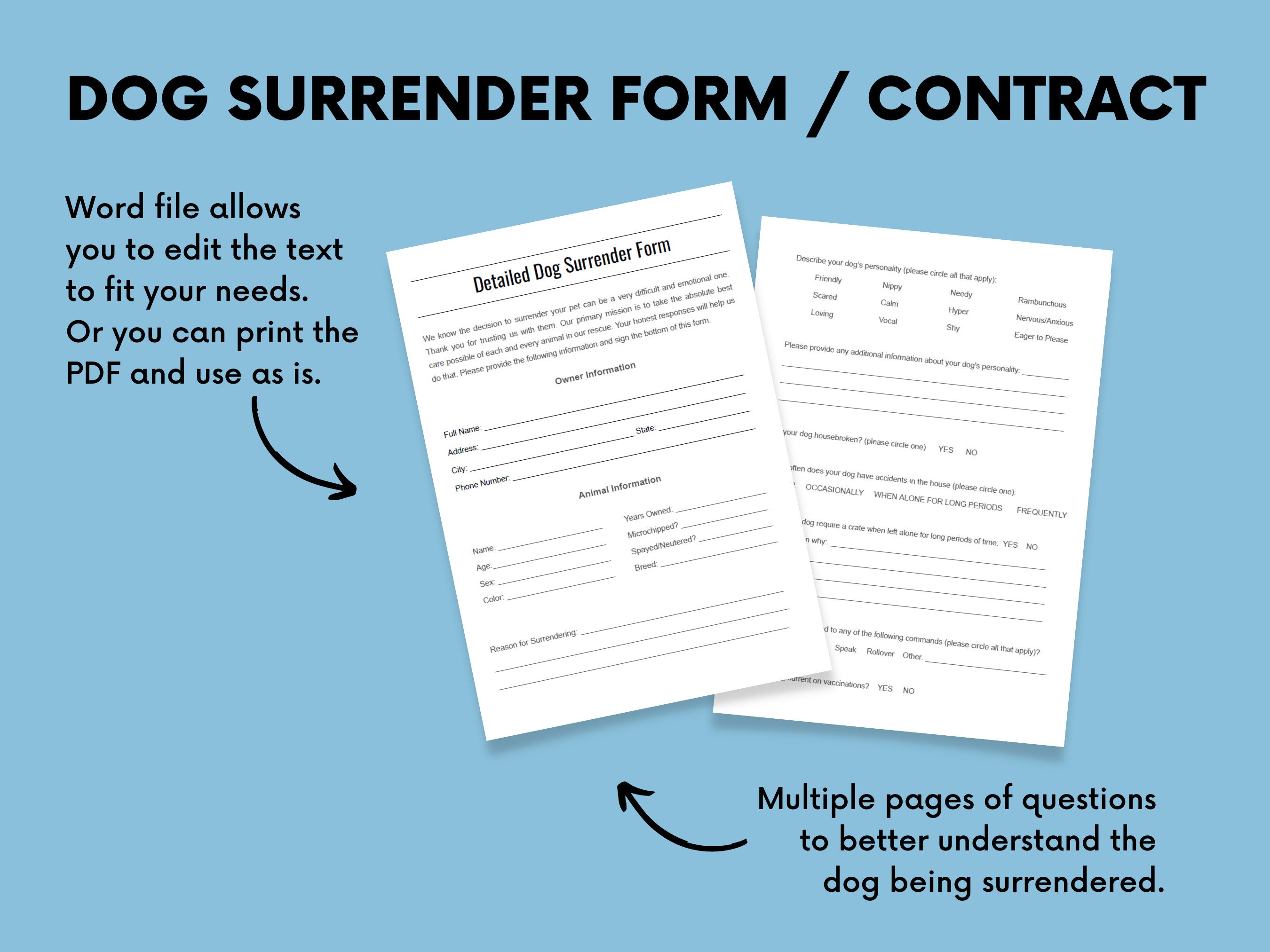 Animal Surrender Form Basic Detailed Dog Surrender Form for Shelters, Rescues, and Humane Societies ...