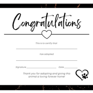 Pet Adoption Certificate for Dog, Cat and other Animals, 11 x 8.5 in - PDF and JPG format