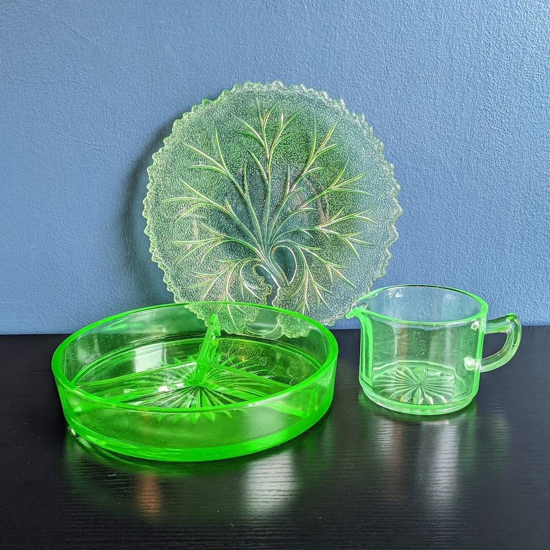Vintage Uranium Glass Set Three Pieces One Serving Dish One - Etsy