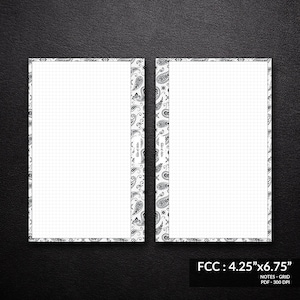 May include: Two blank gridded pages with a black and white paisley border. The pages are 4.25 inches by 6.75 inches. The text "FCC: 4.25"x6.75" NOTES - GRID PDF - 300 DPI" is at the bottom of the image.