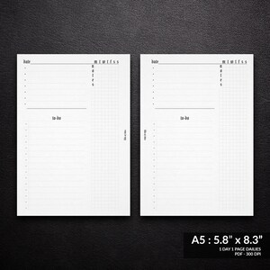 Może przedstawiać: Dwie puste strony dziennego planera z układem siatki. Strony są oznaczone jako "Data" i "Do zrobienia" i zawierają sekcję dla "Pn-Wt-Śr-Cz-Pt-Sb-Nd". Strony są zaprojektowane dla papieru A5, który ma 14,8 cm na 21 cm.