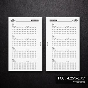May include: Printable episode tracker sheet with the word "shows" at the top. The sheet is divided into four sections, each with a title, platform, and season. Each section has a grid of 49 circles for tracking episodes.