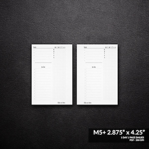 Może przedstawiać: Dwie puste strony dziennego planera z układem siatki. Strony są oznaczone jako "Data" i "Do zrobienia" i mają kolumny dla "Pn", "Wt", "Śr", "Cz", "Pt", "So" i "Nd". Strony mają wymiary 7,3 cm x 10,8 cm.