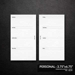 May include: A printable weekly planner template in black and white. The planner is designed for personal use and measures 3.75 inches by 6.75 inches. The template includes spaces for each day of the week, Monday through Sunday, and a notes section.