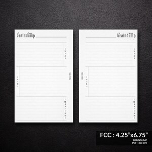 May include: Two blank braindump pages with lines for writing down ideas, tasks, and important notes. The pages are labeled "Braindump" at the top and measure 4.25 inches by 6.75 inches.