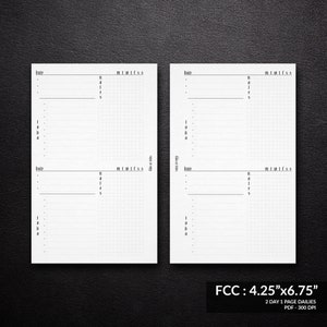 Puede incluir: Dos páginas de planificador diario en blanco con un diseño de cuadrícula. Cada página tiene espacio para una fecha, una lista de tareas y una sección para notas. Las páginas miden 10,8 cm por 17,1 cm.