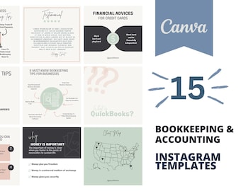 May include: A set of 15 Instagram templates for bookkeeping and accounting. The templates feature a variety of designs, including a testimonial, financial advice for credit cards, and tips for businesses. The templates are designed to be used with Canva.
