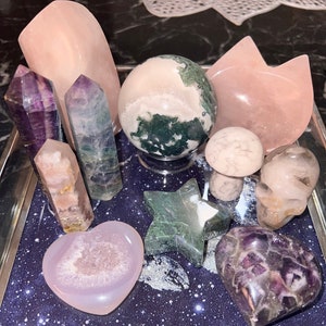 Crystal Mystery Box, Unique Rare Crystals, Towers, Spheres, Carvings, Specimens, Hearts, Skulls, Mushrooms, Palm Stones, and Many More