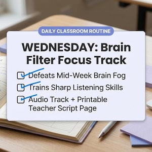 Puede incluir: Un letrero rectangular blanco con el texto DAILY CLASSROOM ROUTINE, WEDNESDAY: Brain Filter Focus Track, y una lista de verificación que incluye Defeats Mid-Week Brain Fog, Trains Sharp Listening Skills, y Audio Track + Printable Teacher Script Page.