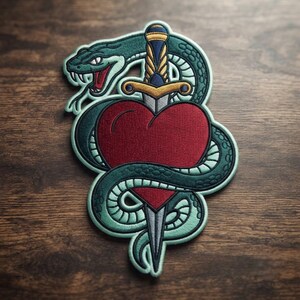 Custom Embroidered Patch, Snake Heart Dagger Patch, Iron On Sew On Hook and Loop Traditional Tattoo Gothic Patch for Jacket Backpack