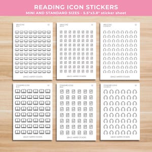 Puede incluir: Seis hojas de pegatinas blancas con iconos de lectura en arte lineal negro, incluyendo libros, libros electr&oacute;nicos y auriculares. Cada hoja muestra el texto READING ICON STICKERS, MINI AND STANDARD SIZES - 14cm x 9,7cm y GRACE HARPER STICKERS.