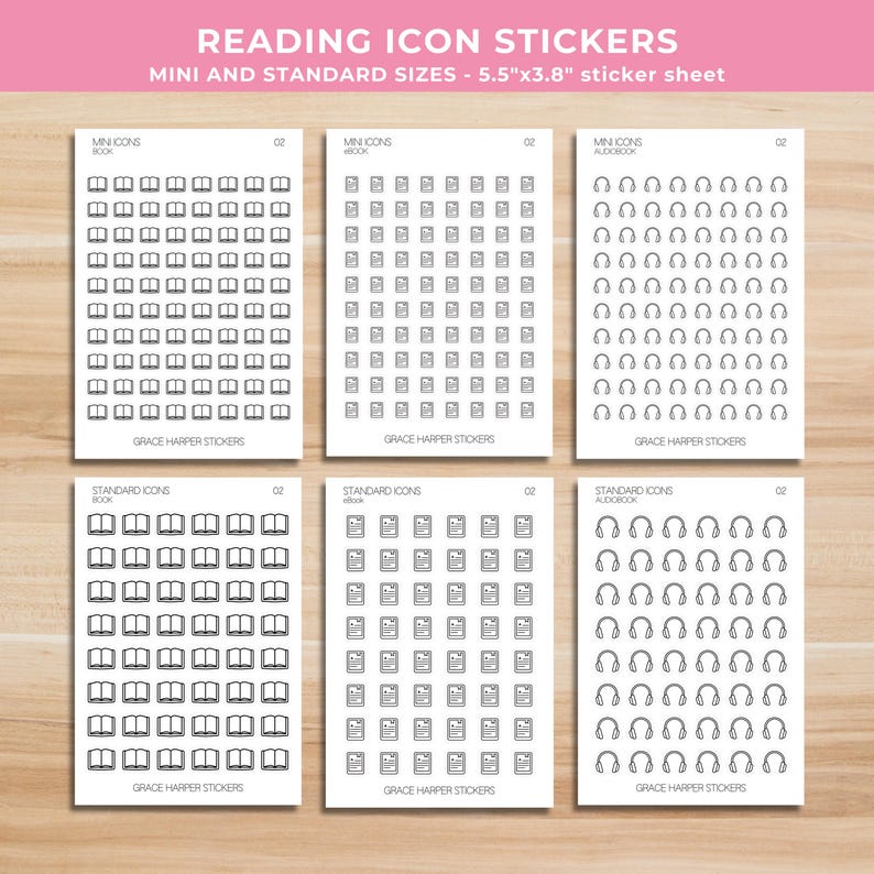 Puede incluir: Seis hojas de pegatinas blancas con iconos de lectura en arte lineal negro, incluyendo libros, libros electr&oacute;nicos y auriculares. Cada hoja muestra el texto READING ICON STICKERS, MINI AND STANDARD SIZES - 14cm x 9,7cm y GRACE HARPER STICKERS.