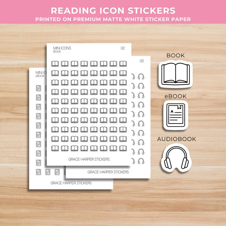 Puede incluir: Un conjunto de hojas de pegatinas blancas con iconos de l&iacute;neas negras de libros abiertos, libros electr&oacute;nicos y auriculares. El texto dice MINI ICONS BOOK, 02 y GRACE HARPER STICKERS. Se muestran tres pegatinas individuales troqueladas.