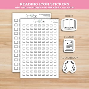 May include: Two white sticker sheets featuring rows of black outline book icons, labeled Grace Harper Stickers. To the right are three individual die-cut stickers: a book, an e-reader with an A, and headphones, labeled BOOK, EBOOK, and AUDIOBOOK.