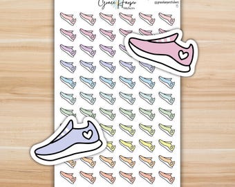 May include: A sticker sheet featuring rows of small sneaker illustrations in various pastel colors, each with a heart detail. Two larger die-cut sneaker stickers are placed over the sheet. The text Grace Harper Stickers is at the top.
