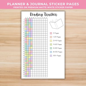 May include: A white sticker sheet with a "Reading Tracker" grid, color-coded by page count, and a book illustration. The top text reads "PLANNER & JOURNAL STICKER PAGES" and "PRINTED ON PREMIUM MATTE WHITE STICKER PAPER".