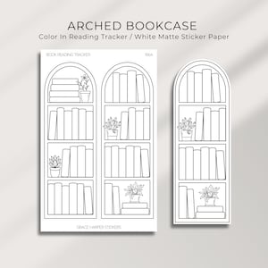 May include: Two white matte sticker sheets with arched bookcase designs. The stickers feature outlines of bookshelves filled with books and potted plants. Text at the top reads "ARCHED BOOKCASE" and "Color In Reading Tracker / White Matte Sticker Paper."