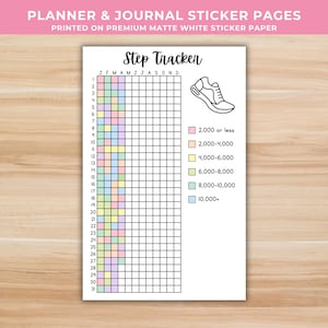 May include: A rectangular sticker sheet titled Step Tracker featuring a grid for months and days. It includes a line drawing of a sneaker and a color-coded legend with categories: 2,000 or less, 2,000-4,000, 4,000-6,000, 6,000-8,000, 8,000-10,000, and 10,000+.