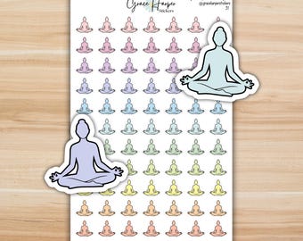 May include: A sticker sheet featuring rows of small yoga figures in various pastel colors, including pink, purple, blue, green, yellow, and orange. Two larger die-cut stickers of yoga figures in light blue and light purple are placed on top.