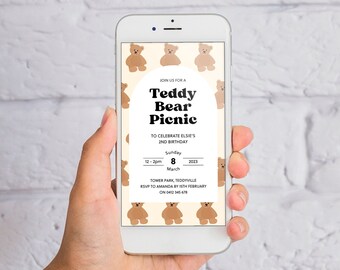 テディベア ピクニック招待状、モバイル テディベア招待状テンプレート、編集可能なテディ バースデー パーティー招待状、電子招待状、Canva テンプレート - CI011
