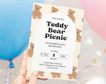 テディベア ピクニック招待状テンプレート、印刷可能な誕生日ベア性別発表招待状、We Can Bearly Wait 招待状、Canva テンプレート - CI011