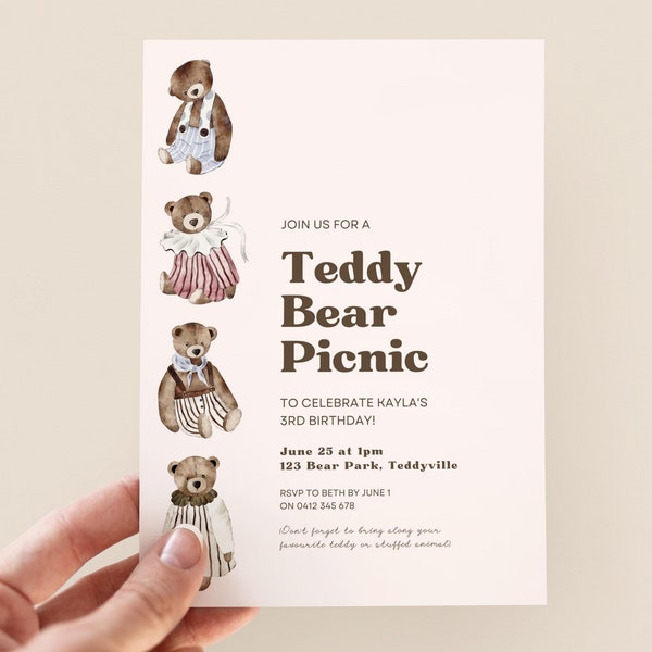 Vintage Teddy Bear Picnic Party Invite - Printable Kids Birthday Invite Template, Teddy Bear Invitation Template, Picnic Party Printable