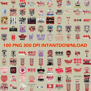 以下が含まれることがあります： BTSをテーマにした100種類のPNGファイル（300 DPI）のデジタルコレクション。メンバーのイラスト、ロゴ、ツアーテキスト、赤・黒・白の配色で描かれたスタイリッシュなモチーフなど、様々なグラフィックデザインが含まれています。