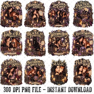 May include: A collection of twelve digital illustrations featuring witch-themed designs with text labels like Moonlit Witch Sisters, Midnight Apothecary, and Practical Magic, incorporating elements such as black cats, candles, books, and crystal balls.