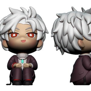 May include: A chibi-style figurine featuring a character with spiky white hair and red eyes. The figure wears a dark purple suit jacket over a white turtleneck, accented by a small turquoise pendant necklace, shown from four different angles.
