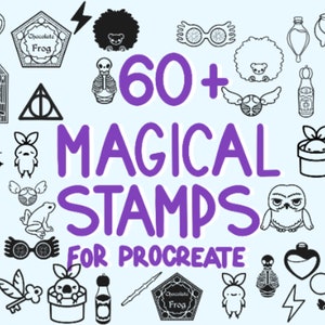 Puede incluir: Un conjunto de más de 60 sellos mágicos para Procreate, con ilustraciones de una variedad de objetos y criaturas mágicas, incluyendo una rana de chocolate, una botella de poción, un caldero, un esqueleto, un par de gafas, un pájaro, una jaula, un corazón, una varita mágica, y más.