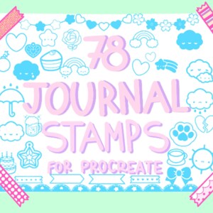 以下が含まれることがあります： Procreate 用の 78 個のカラフルなジャーナルスタンプが描かれた白い紙。スタンプはピンク、ブルー、ホワイトで、ハート、星、雲、虹など、さまざまなかわいいデザインが施されています。