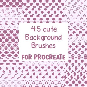 May include: A set of 45 cute background brushes for Procreate, featuring various patterns with pink and white colors. The patterns include hearts, stars, paw prints, clouds, watermelon slices, strawberries, pears, cherries, and more.