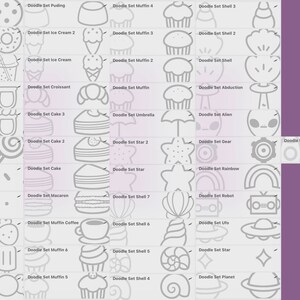 Puede incluir: Un conjunto de 48 ilustraciones de garabatos en blanco y negro, que incluyen una galleta, pud&iacute;n, magdalena, concha, rosquilla, helado, croissant, batido, piruleta, confeti, fresa, helado, caramelo, paraguas, extraterrestre, engranaje, cohete, robot, ovni, estrella y planeta.