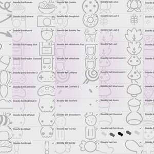 Puede incluir: Un conjunto de 48 iconos de garabatos en blanco y negro, que incluyen una variedad de alimentos, objetos y animales. Los iconos est&aacute;n dispuestos en una cuadr&iacute;cula en un fondo gris claro.