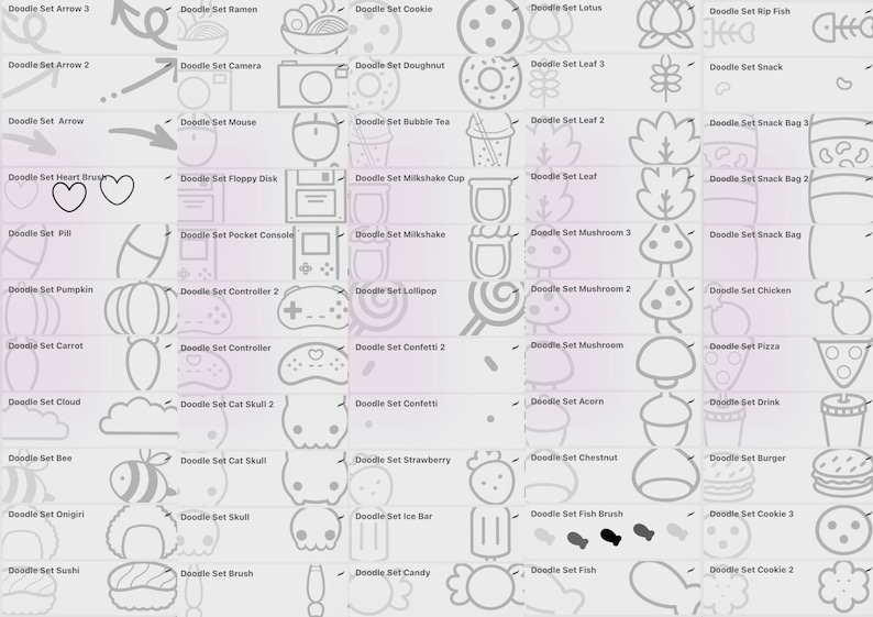 Puede incluir: Un conjunto de 48 iconos de garabatos en blanco y negro, que incluyen una variedad de alimentos, objetos y animales. Los iconos est&aacute;n dispuestos en una cuadr&iacute;cula en un fondo gris claro.